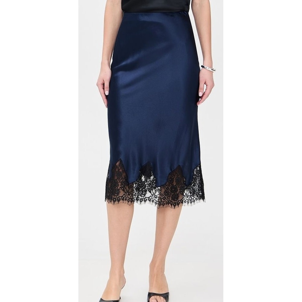 Reformation Women's Carolina 100% Silk Midi Skirt w/ Lace Hem - Navy Blue - L
